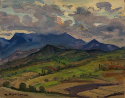 Orii Corinthia, Sunset — Oil painting, Fiberboard, 40.00×50.00cm — Theodoros Markellos